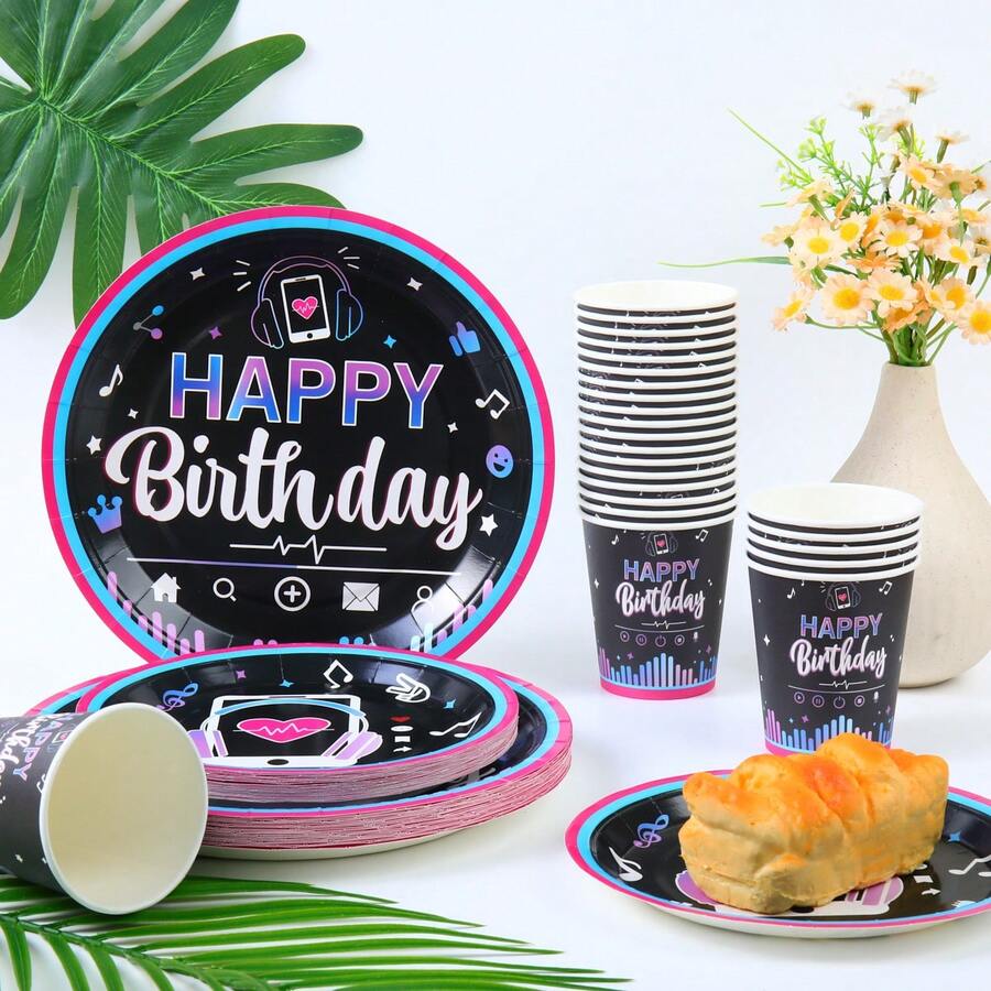 音乐主题生日快乐一次性餐具套装，7/9英寸派对餐盘，一次性纸盘和纸杯，适用于节日、婚礼、订婚、生日、派对、庆典、婚礼派对用品 - 彩色 - 查看 1