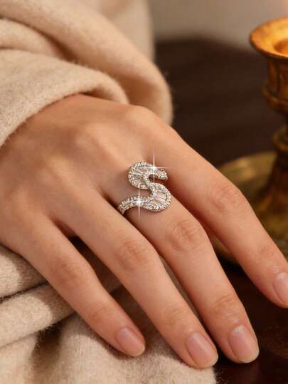 1pc Exquisite S Type Cubic Zirconia Engagement Rings, Versatile Vintage Irregular Wave Adjustable Ring, Suitable For Mother, Friend, Daily Wear, Jewelry Gift And Various Occasions