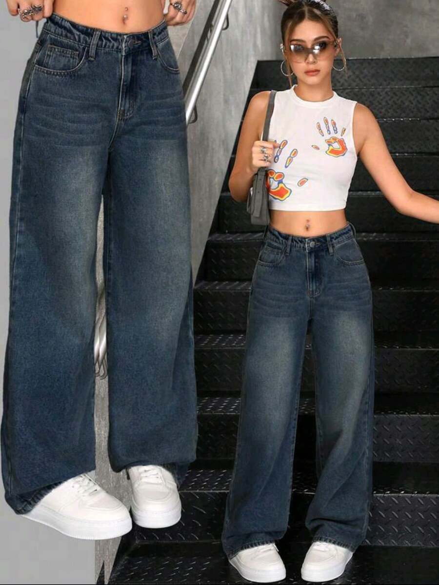 Vaqueros cómodos de pierna ancha para mujer, pantalones de mujer, pantalon de mezclilla dama, pantalones de mezclilla mujer, vaquera ropa mujer, pantalón mezclilla mujer, pantalones de dama mezclilla, pantalones baggy, adecuados para ir al trabajo, al colegio y para llevar a diario. - Azul Marino - Ver 1