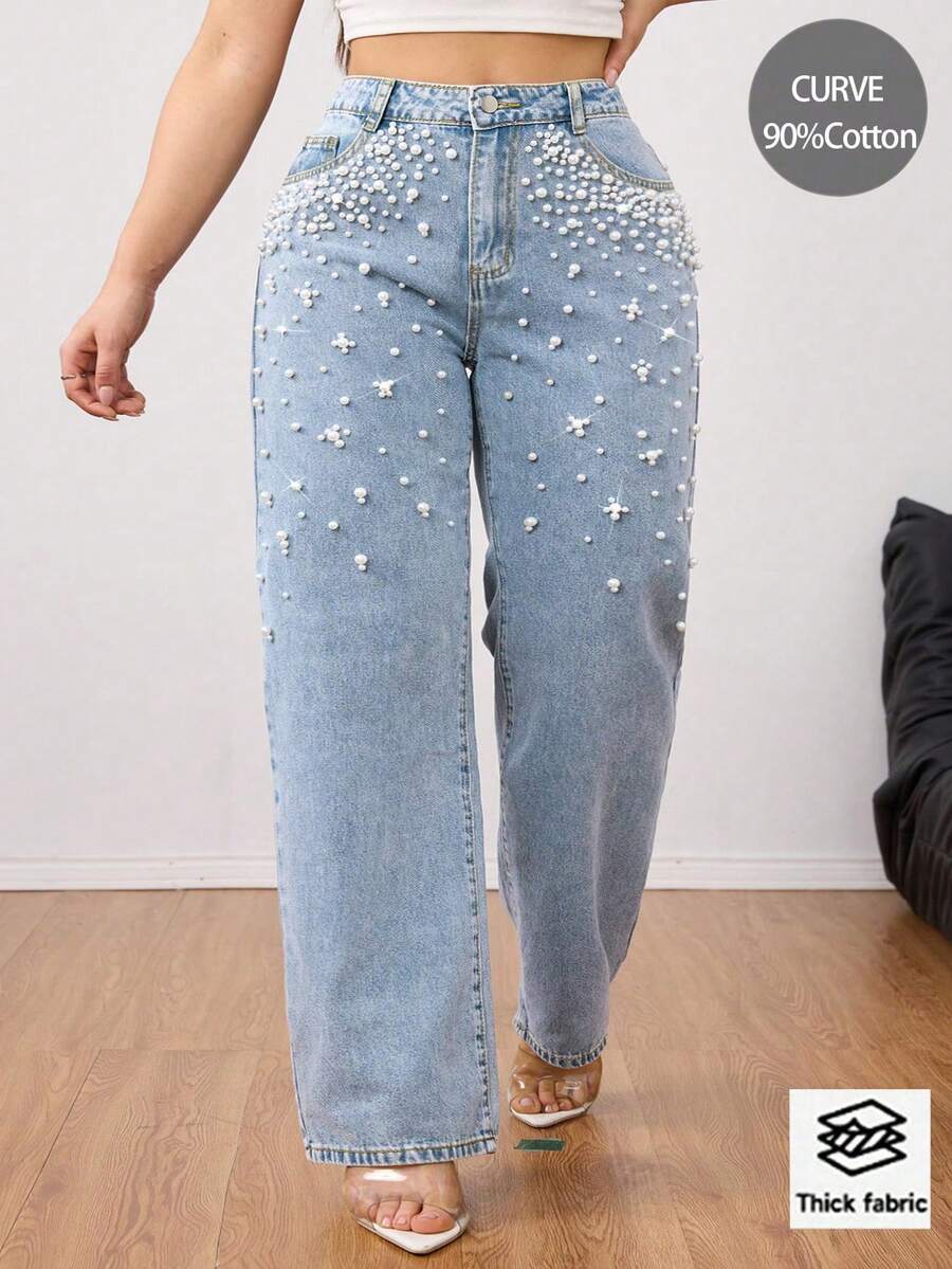 Quần jeans ống đứng cạp cao đính ngọc trai giả dành cho nữ cỡ lớn – Màu denim sáng thanh lịch, phù hợp với phong cách thường ngày và sang trọng mùa xuân. - Rửa nhẹ - Xem 1