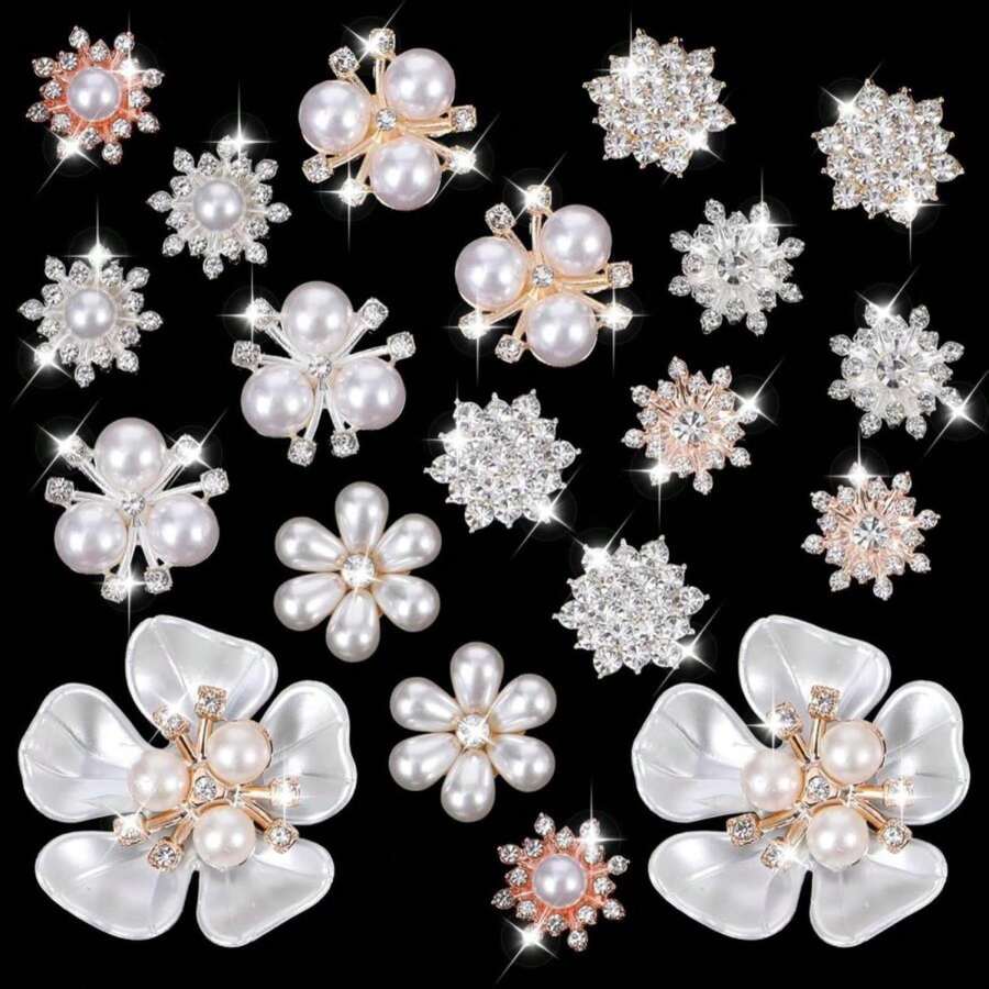 TIESOME 20 PCS Pearl Flower Buttons, Vintage Pearl Brooch For Jewelry Making Alloy Floral Pendants Rhinestone Button Charm Embellishments For Jewelry Making Clothes Bags Shoes Supplies Wedding DIY - 白色 - 查看 1