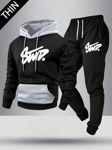 Bộ đồ thể thao nam mùa xuân/thu nhẹ nhàng, in chữ cá tính, phối màu tương phản, gồm áo hoodie và quần dài, trang phục nam thường ngày có túi, quần cạp chun, thích hợp làm quà tặng cho chồng hoặc bạn trai. - Nhiều màu - Xem 1