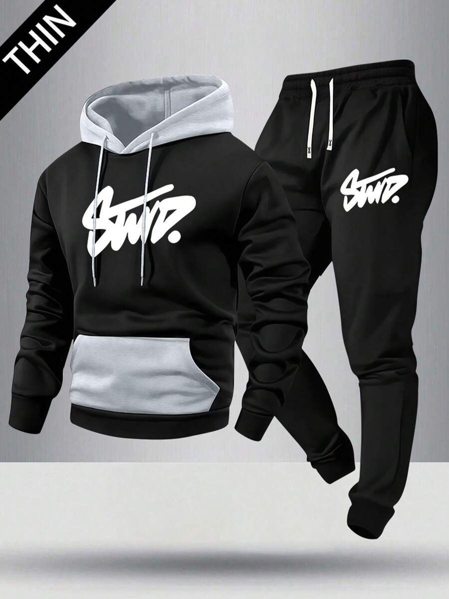 Bộ đồ thể thao nam mùa xuân/thu nhẹ nhàng, in chữ cá tính, phối màu tương phản, gồm áo hoodie và quần dài, trang phục nam thường ngày có túi, quần cạp chun, thích hợp làm quà tặng cho chồng hoặc bạn trai. - Nhiều màu - Xem 1
