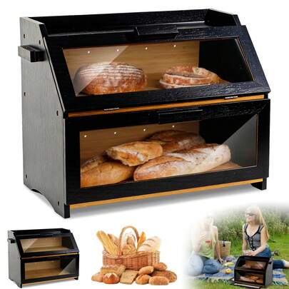 Bambus Brotkasten mit Belüftung, Großer Brotbox, 2 Etagen und Sichtfenster, Holz Brotbehälter für Hörnchen, Brötchen, Brotaufbewahrung Küche