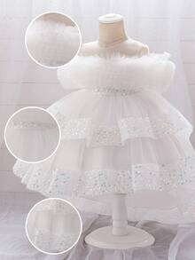 Baby Girls Sequin Tulle Cute Flower Girl Wedding Train Dress, Suitable For Party, Birthday, Outing, Does Not Include Headband - White - View 6