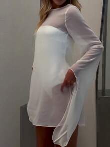 Swimsuit Cover Ups For Women Bathing Suit Cover Up Dress Round Neck Long Sleeve Bikini Mesh Sheer See-Through Asymmetrical Hem Summer Hawaii Beach Oversized Top Going Out Outfits - trắng - Xem 5