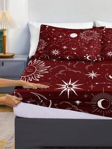 3pcs Mysterious Sun, Moon, Star, Universe, Starry Sky, Divination Themed Digital Print Bedding Set (1pc Fitted Sheet + 2pcs Pillowcases, Excluding Pillow Insert). Made Of Soft And Skin-Friendly Polyester Fiber Fabric, Suitable For Bedroom, Master Bedroom And Guest Room Use All Year Round.