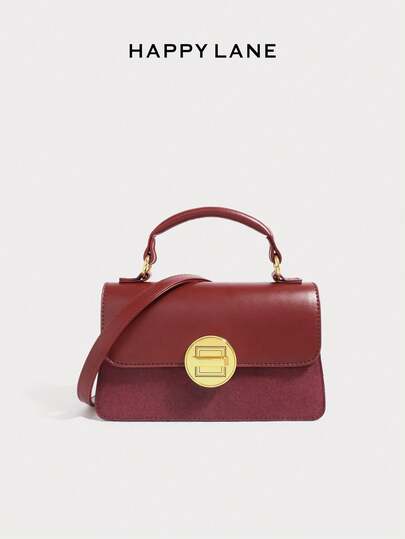 Bolsa de Veludo Borgonha HAPPY LANE, Bolsa de Ombro para Mulheres, Design Minimalista com Fivela Redonda, Alça Destacável, Acessório de Moda Urbana Elegante para o Dia a Dia