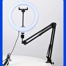 带可调光环形灯的顶置相机支架 - 灵活的手机臂支架，重型夹持底座，兼容 ，USB 供电照明，适用于直播、烹饪、美甲和 Vlog 拍摄，兼容 和安卓手机，适合冬季假期、音频/视频录制、采访、游戏和直播。假期音频录制、视频录制、采访、游戏直播、直播麦克风、迷你麦克风 - 黑色 - 查看 7