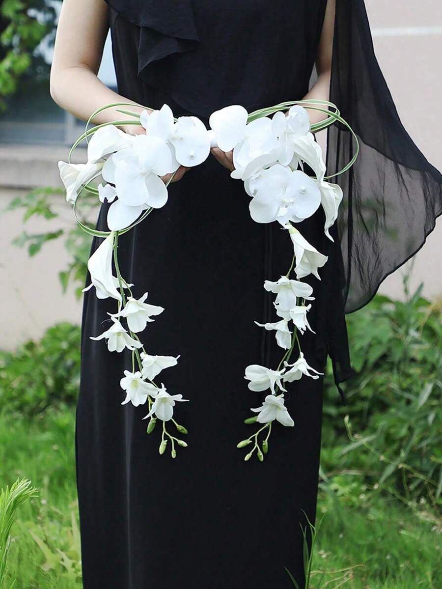 1pc Bohemian Style Elegant Simple & Generous Orchid Waterfall Bridal Bouquet, Engagement Registration Photography Handheld Flower Bouquet, Suitable For Wedding And Studio Photography - Multicolor - View 1