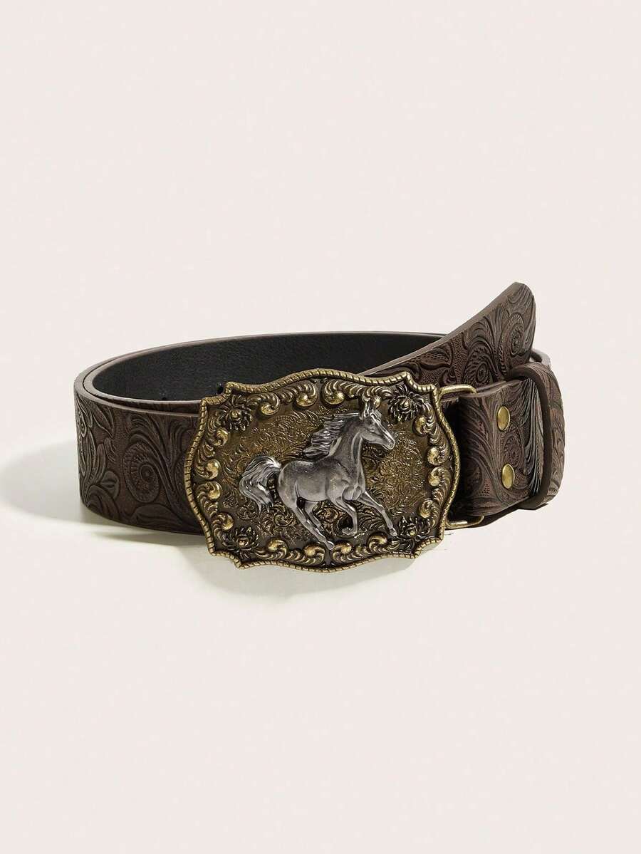 1条复古西部牛仔风男女通用时尚腰带，动物纹扣，PU皮革材质，适合搭配牛仔裤、裙子，适用于派对、音乐会、度假、日常出行等各种场合，四季皆宜，亦可作为礼物。 - 棕色花朵 - 查看 1