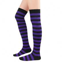 Zando Womens Thigh High Socks Striped High Knee Socks Knee High Socks For Cosplay Long Socks Over The Knee Leg Warmers,OneSize,ABlack&PurpleStripes - 黑紫條紋 - 查看 4