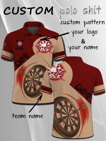 Customizable Personalized Polo Shirt, Personalized Name & Team Logo, Unique Skull & Dart Colorblock Print, Fashion Sporty Casual Short Sleeve Top