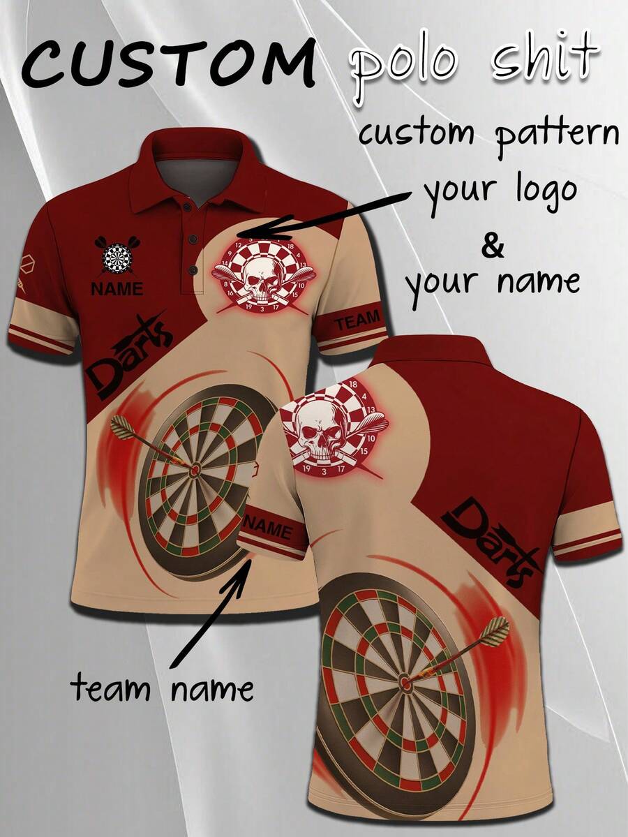 Customizable Personalized Polo Shirt, Personalized Name & Team Logo, Unique Skull & Dart Colorblock Print, Fashion Sporty Casual Short Sleeve Top - Multicolor - View 1