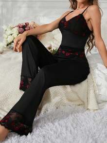 Women's Lace Red Lip Deep V Camisole + Elastic Waist Straight Leg Pants, Red Lip Lace Trim - Black - View 2