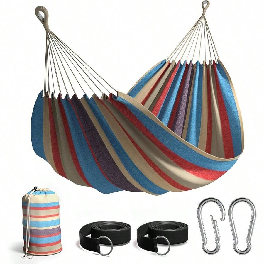 Sorbus® Brazilian Double Hammock - Extra-Long Two Person Portable Hammock Bed for Indoor or Outdoor Spaces - Hanging Rope Carrying Pouch Included Blue Sand Purple Red Stripes - AzulArenaMoradoRojoRayas - Ver 1