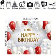 1pc Red, White, And Gold Balloon Happy Birthday Backdrop Banner Star And Crown Pattern Design With Ribbon Suitable For Birthday Parties, Cake Smashing Backgrounds, Photography Props Vinyl Material
