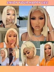 613号金色波波头假发，13x4蕾丝前假发，真人发丝，预先拔毛，巴西雷米直发，短款波波头假发，女士款，预先拔毛，自然发际线 - S613 - 查看 6