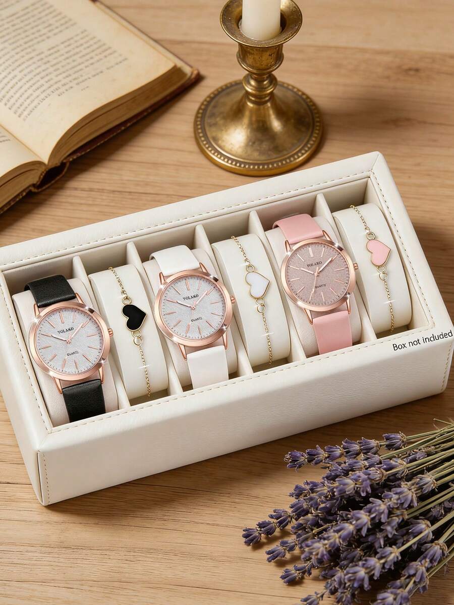 Bộ 6 chiếc đồng hồ nữ họa tiết kẹo ngọt dễ thương, bao gồm nhiều đồng hồ thạch anh nữ với khung mạ vàng hồng, đi kèm với vòng tay trang trí hình trái tim, có dây đeo nhiều màu đen/trắng/hồng và thiết kế dây xích vàng. Phong cách ngọt ngào và tinh tế, tỏa ra vẻ quyến rũ. Thích hợp cho nhiều dịp, như Giáng sinh và hẹn hò. - màu đen - Xem 1