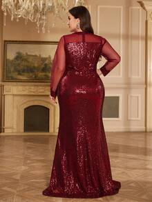 XUIBOL Plus Size Women's Elegant Long Formal Dress In Burgundy, With Sequin Embroidery Details And Regular Sleeves - Burgundy - View 3