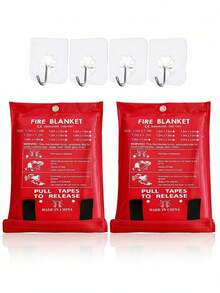 2条装防火毯 - 应急阻燃毯，39.37英寸 x 39.37英寸 - 玻璃纤维灭火毯，适用于厨房、家庭、学校、壁炉、烧烤架、车辆、办公室和仓库，带4个挂钩