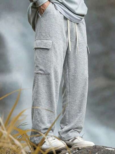 Men's Casual Knit Cargo Pants, Multi-Pocket Design, Drawstring Elastic Waistband, Comfortable Loose Fit, Suitable For Sportswear, Outdoor Leisure And Daily Activities