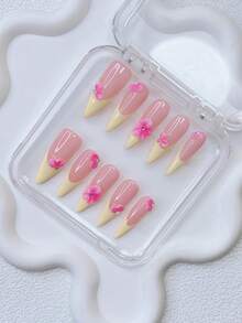 10片Y2K美甲尖头按压式美甲套装 - 手工制作，粉色美甲，黄色美甲，黄色法式美甲，手工3D花朵，3D粉色花朵美甲，手绘黄色法式美甲设计，闪亮水钻装饰，精致优雅的美甲 - 适合派对和休闲装扮，是送给女性和女孩的完美节日礼物，美甲用品 - 彩色 - 查看 2