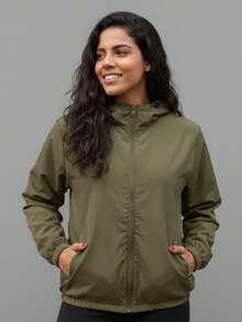 Women's Windbreaker Jacket Without Lining In Memory Fabric With Water-Repellent Hood - 軍綠色 - 查看 1