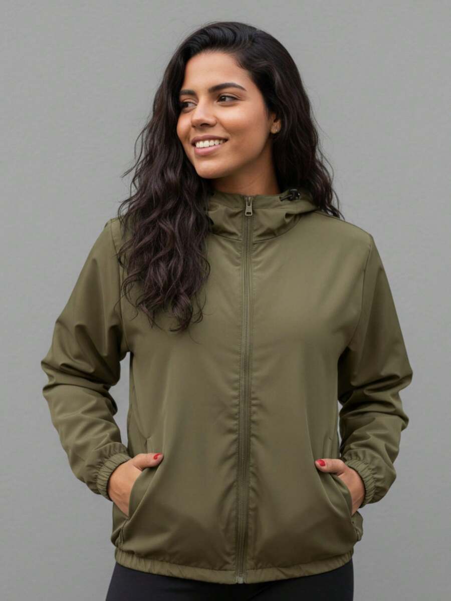 Women's Windbreaker Jacket Without Lining In Memory Fabric With Water-Repellent Hood - 軍綠色 - 查看 1