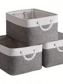 3-Piece Large Folding Storage Box Set With Rope Handles - Multi-Purpose Clothing And Toy Organiser, Bohemian-Style Fabric, Laundry Basket - Grey - View 1