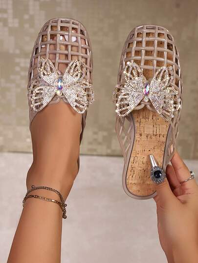 Women's Flat Sandals, Bowknot Elegant Design, PVC Synthetic Leather Hollow Out, Suitable For Beach, Party, Home, Vacation In Summer