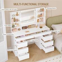 HEXCELEN Large Dressing Table With LED Lighting, 3 Colors, Brightness Control, Dressing Table With Mirror, 9 Drawers, 9 Open Shelves, Modern Style, White-Silver - 查看 4