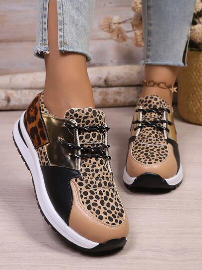 女士时尚撞色豹纹装饰轻便防滑耐磨厚底休闲运动鞋，适合公路跑步、骑行、徒步旅行