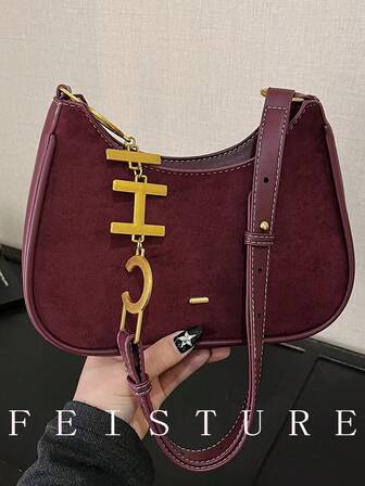 1pc Suede Fabric Retro Women's Chain Shoulder Bag, Zipper Closure, Suitable For Girls, Ladies, College Students, Young Professionals, Great For Work, Business, Commute, School