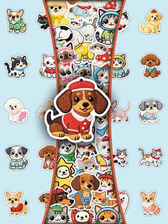 56张卡通猫狗刺绣贴纸，可爱腊肠犬和黑猫装饰贴纸，适用于音箱、留言板