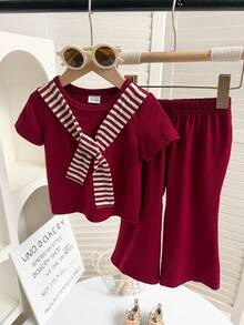 2pcs/Set Baby Girls' Cute Minimalist Red T-Shirt Top + Solid Color Bell-Bottom Pants Outfit, Suitable For Daily, Outdoor, School, Commute, Vacation - Red - View 2