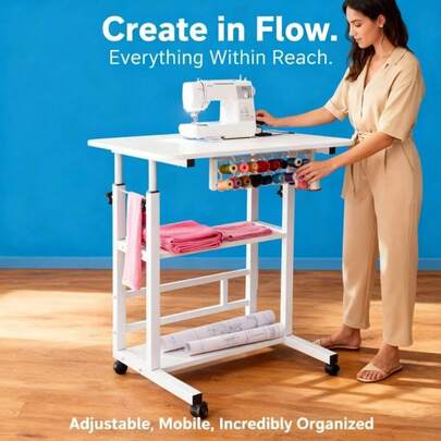 Adjustable Height Standing 3-Tier Rolling Table - Multi-Functional Mobile Lifting Table With Storage Shelves, A Movable Craft Table, Space-Saving (Black/White Available) Sewing Storage And Furniture. Durable Metal Frame Construction, Easy To Assemble, Suitable For Bedrooms And Dormitories, A Lazy Table, And An Ideal Workbench For Artists, Artisans, Craftspeople, Sewing Supplies Makers, And Home Office Workers.