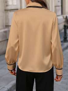 Women's Elegant Distinctive Contrast Trim Tie Collar Blouse Spring - Khaki - View 2