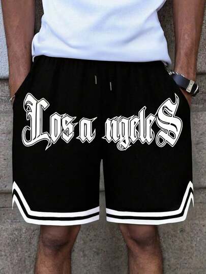 Los Angeles Gothic Letter Print Sports Shorts, Loose American Street Style Basketball Shorts, For Men