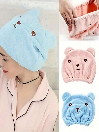 1 st blå & rosa duschmössa med nallebjörn, absorberande tjock hårborste för vuxna, snabbtorkande set, pannband, duschmössa, hårtork, schampohandduk