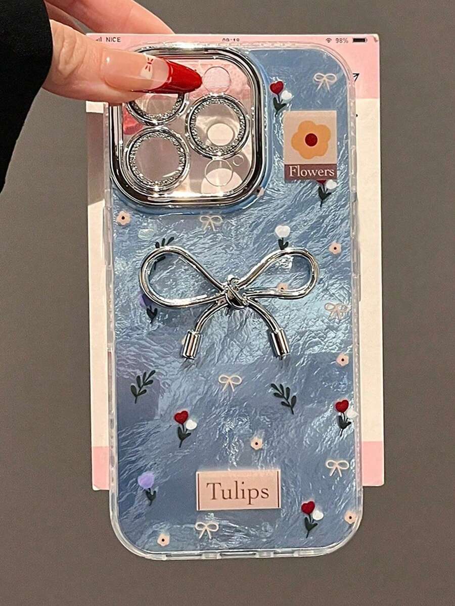 Bow-Knot Spring Delicate Blue Ditsy Floral Metallic 3D Bow Phone Case Compatible With IPhone 16 ProMax New Models, IPhone 15 Pro/14 Plus/13 Luxury High-End 11 Female 15 Pro Full Coverage With Lens Film 12/11 Anti-Drop Protective Cover Waterproof Shockproof Scratch Resistant - Blue - View 1