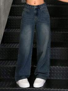 Vaqueros cómodos de pierna ancha para mujer, pantalones de mujer, pantalon de mezclilla dama, pantalones de mezclilla mujer, vaquera ropa mujer, pantalón mezclilla mujer, pantalones de dama mezclilla, pantalones baggy, adecuados para ir al trabajo, al colegio y para llevar a diario. - Azul Marino - Ver 4