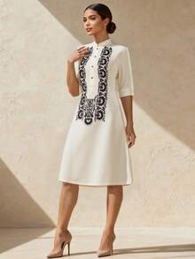 Amyenjoylife现代传统菲律宾连衣裙，优雅的蝴蝶袖菲律宾印花欧根纱短袖连衣裙，适合女性，是度假、休闲、约会、派对、春夏的完美之选。 - 香檳色 - 查看 3