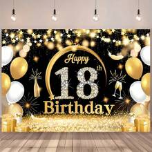 18岁生日黑金气球派对背景，18岁生日横幅配铂金气球和香槟设计，18岁生日蛋糕桌装饰，18岁生日海报，18岁生日拍照背景道具。18岁生日派对装饰。 - 彩色 - 查看 4
