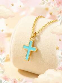 3色简约时尚十字架吊坠女童夏季锁骨项链，配不锈钢链，甜美可爱，适合儿童街头派对、旅行、度假、夏季海滩度假配饰，儿童日常百搭饰品 - 彩色 - 查看 4