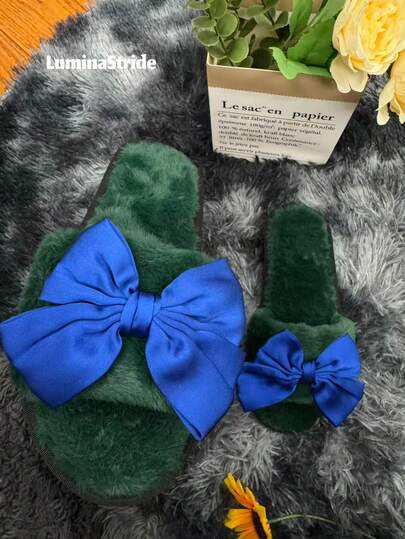 รองเท้าแตะประดับโบว์สีน้ำเงินซาติน, รองเท้าแตะใส่ในบ้าน, รองเท้าแตะใส่ในห้องนอน ขนปุย เปิดนิ้วเท้า ใส่สบาย ระบายอากาศได้ดี รองเท้าแตะสีขาว, รองเท้าแตะผู้หญิง, รองเท้าแตะสำหรับวันหยุด ซักได้