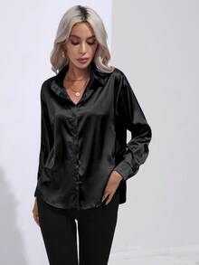 Women's Satin Shirt - Silky Slip Touch Button Down Blouse, Luxe Formal Office Shirt, Elegant Dressy Top For Wedding Guest & Date Night, Smooth Cooling Long Sleeve Blouse - 黑色 - 查看 7
