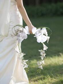 1pc Bohemian Style Elegant Simple & Generous Orchid Waterfall Bridal Bouquet, Engagement Registration Photography Handheld Flower Bouquet, Suitable For Wedding And Studio Photography