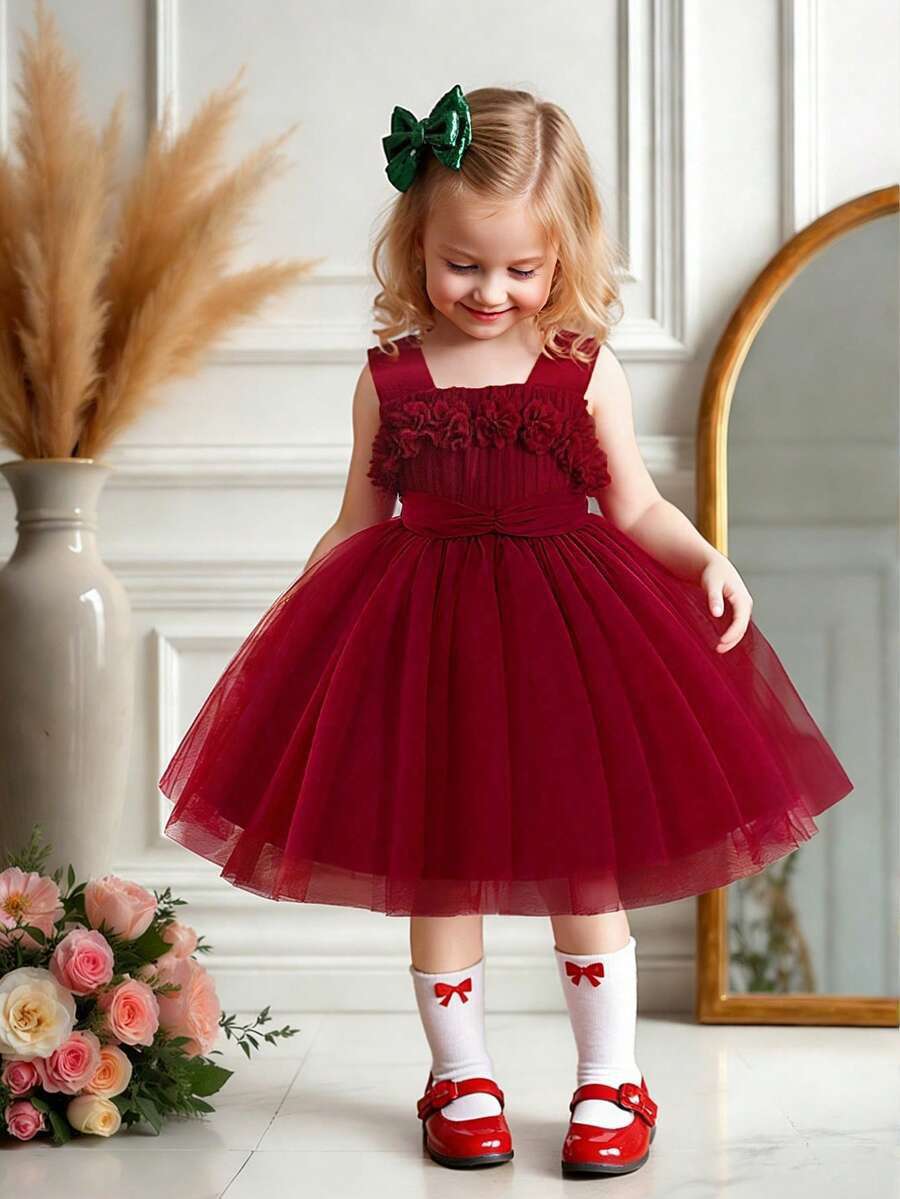 Baby Girls' Solid Color Mesh Sleeveless Wide Strap 3D Floral Elegantc Flower Girl Dress For Wedding Party, Headband Not Included - Burgundy - View 1