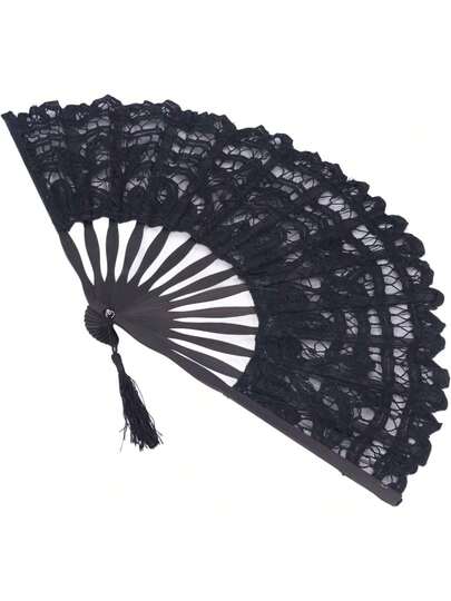 EstiloAbanico Plegable, Abanico De Bambú DiseñO De Encaje Hallow Hermoso Atractivo Mano De Obra Exquisita Con Borla Para La DecoracióN De La Ropa Para El Rendimiento De La Danza Para El Regalo(Negro)VersióN Mejorada